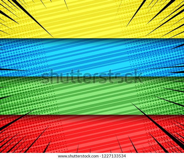 Comic bright horizontal banners with rays\
slanted lines and halftone humor effects in yellow blue green red\
colors. Vector\
illustration