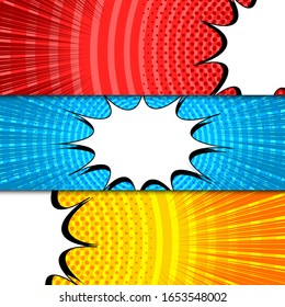 Comic bright horizontal banners with white speech bubbles circles rays halftone effects in red blue yellow colors. Vector illustration
