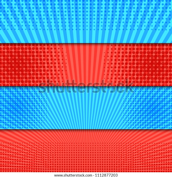 Comic bright\
horizontal explosive banners with radial halftone effects in red\
and blue colors. Vector\
illustration