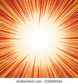 Comic bright orange dynamic explosive template with rays and dotted humor effects. Vector illustration