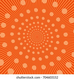Comic bright orange template with circles in spiral form on radial background. Vector illustration