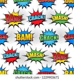 Comic Bright Seamless Pattern With Bam Bang Crush Crack Smash Wordings Colorful Speech Bubbles And Halftone Effects On White Background. Vector Illustration