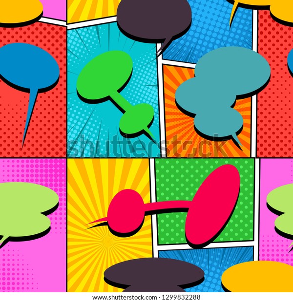Comic bright seamless pattern with colorful\
speech bubbles of different shapes radial rays and halftone humor\
effects. Vector\
illustration