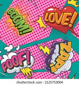 Comic bright speech bubbles with colorful wording clouds and halftone humor effects. pattern for textiles