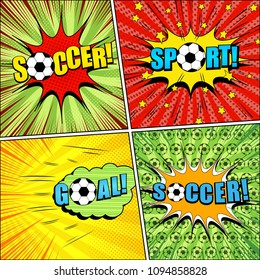 Comic bright sport backgrounds collection with Soccer Goal inscriptions colorful speech bubbles and different humor effects. Vector illustration