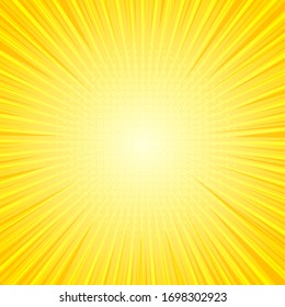 Comic bright sunny background with radial beams and halftone effects. Vector illustration