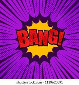Comic bright super template with red Bang inscription yellow speech bubble dotted and rays effects on purple background. Vector illustration