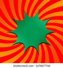 Plantilla cómica brillante con efectos radiales de color naranja y medio tono de burbuja de habla verde. Ilustración del vector
