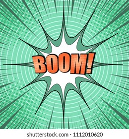Comic bright template with orange Boom inscription speech bubble rays halftone and circles effects in green colors. Vector illustration