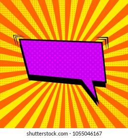 Comic bright template with purple rectangular speech bubble, sound, halftone and orange radial effects on yellow background. Vector illustration