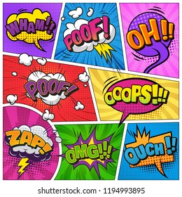 Comic bright template with speech bubbles different wordings lightnings clouds on colorful frames vector illustration