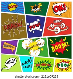 Comic bright template with speech bubbles, different words, lightning, clouds.