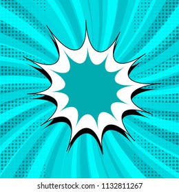 Comic bright turquoise background with white speech bubble halftone and radial humor effects. Vector illustration
