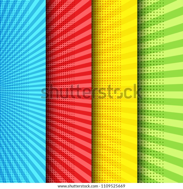 Comic bright\
vertical banners with radial and halftone effects in blue red\
yellow green colors. Vector\
illustration