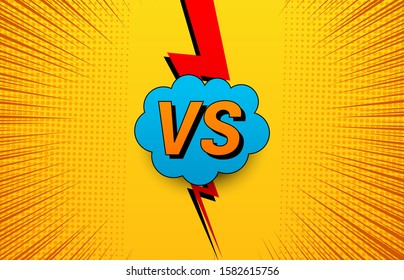Comic bright VS concept with orange letters blue speech bubble red lightning yellow rays and halftone effects. Vector illustration