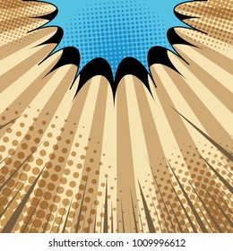 Comic brown book page template with blue speech bubble halftone rays and radial humor effects. Vector illustration
