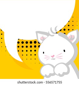 Comic bubble, empty balloon for baby newborn holiday. Yellow halftone background. White cute little kitty pink nose for baby. Vector festive hand drawn cat illustration