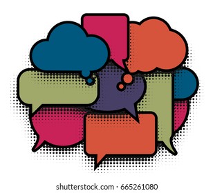 Comic bubble pop art colorful cloud. Comics speech balloons icons collection on white background, dialogue boxes signs set, frames vector illustration.