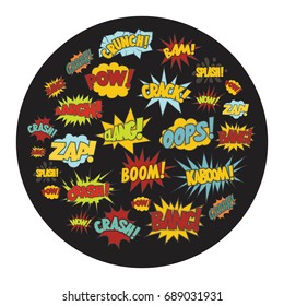 Comic bubble retro cartoon icons set in black circle . Comic bubble vector illustration for design and web isolated on black background. Comic bubble vector object for labels, logos and advertising