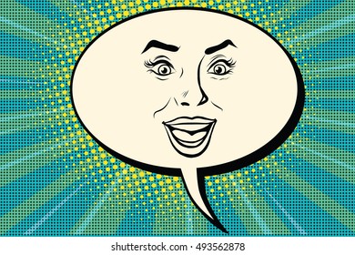 Comic bubble smiley joyful female face, pop art retro vector illustration. Human emotions