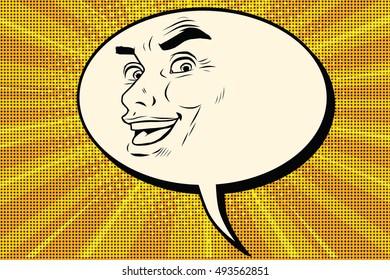 Comic bubble smiley joyous male face, pop art retro vector illustration. Human emotions