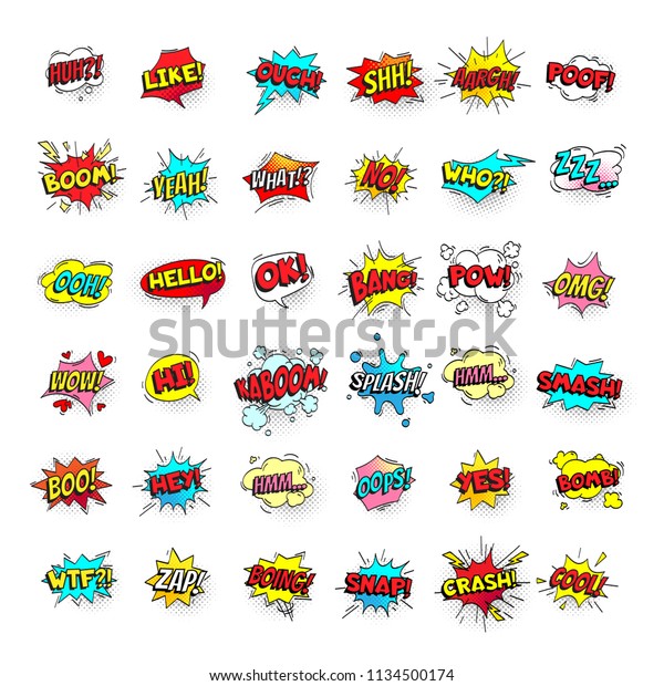 Comic bubbles. Cartoon text balloons. Pow and zap,\
smash wtf oops wow omg yeah poof boo and kaboom smash bang boom\
comics expressions. Speech bubble retro vector pop art stickers\
isolated sign set