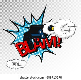 Comic Blasen Design in Pop Art Stil. T-Shirt Blam Schriftzug Spaß Vektorgrafik. Comic-Effekt Sprachphrasendruck. Pistolenschuss. Revolver und Rauch nach einem gezeichneten Schuss, Text-Soundeffekt 