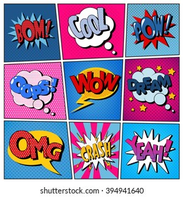 Comic Bubbles Set. Expressions Bom, Cool, Pow, Oops, Wow, Dream, Omg, Crash, Yeah. Halftone Background. Pop Art. Vector illustration