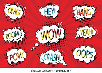 Comic Bubbles Set. Expressions Boom,  Pow, Oops, Wow, Omg, Crash, Yeah. POP ART Background