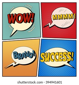 Comic Bubbles Set. Expressions Wow, Mmmm, Bravo, Success. Halftone Background. Pop Art. Vector illustration