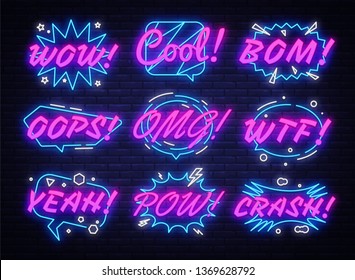 Comic Bubbles Set in neon style. Expressions Cool, Oops, Wow, Omg, Crash, Yeah and other. Collection neon signs Pop Art. Speech bubble, poster and sticker concept. Vector illustration