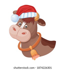 Comic bull in Santa red hat. Animal mascot Chinese New Year 2021. Happy Christmas cartoon ox character.  Zodiac. Head calf cow image for festive xmas greeting card design. Vector isolated on white