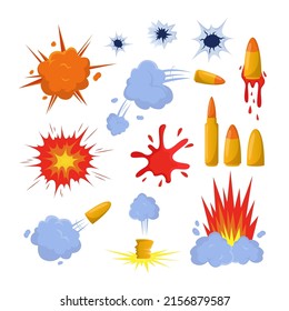 Comic Bullet Trace And Holes Cartoon Illustration Set. Orange Gun Flashes Or Burst, Clouds Of Smoke, Blood Traces On White Background. Pop Art Illustration. Explosion, Bang, Weapon, Detonation Concept