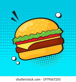 Comic burger vector icon, cartoon retro hamburger, american fast food poster in pop art style. Funny illustration