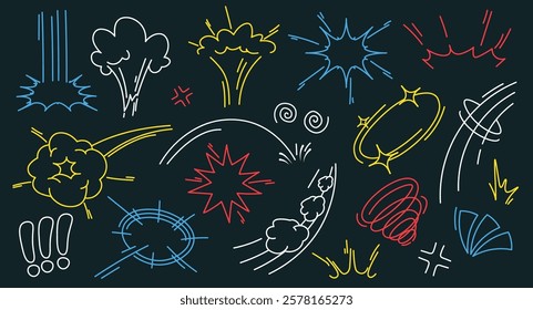 Comic burst, bomb, star explosion with boom effect colored line art doodle hand drawn isolated set. Dizziness splash, firework flash, spark exclamation, twinkle starburst elements vector illustration
