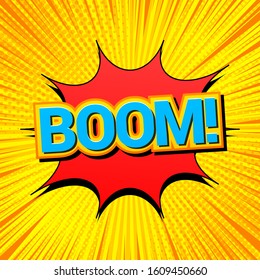 Comic burst bright template with red speech bubble elegant Boom wording yellow rays radial and halftone effects. Vector illustration