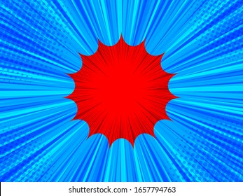 Comic burst dynamic template with blue speed rays halftone effects and red speech bubble. Vector illustration
