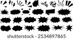Comic burst explosion vector, comic boom elements, and speech bubbles in black silhouettes. Ideal for comic designs, pop art, and retro style illustrations