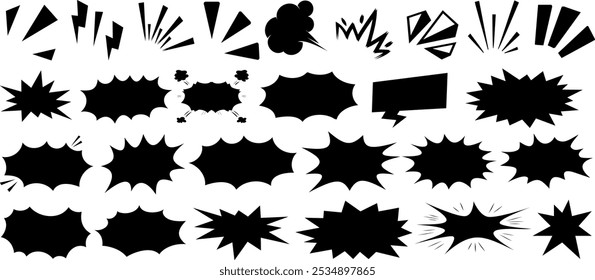 Comic burst explosion vector, comic boom elements, and speech bubbles in black silhouettes. Ideal for comic designs, pop art, and retro style illustrations