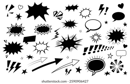 Comic Burst Explosion Vector Silhouette Set – Speech Bubbles, Boom Elements, and Retro Pop Art Illustration for Comic Design