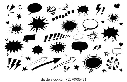 Comic Burst Explosion Vector Silhouette Set – Speech Bubbles, Boom Elements, and Retro Pop Art Illustration for Comic Design