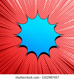Comic burst and explosive background with light and dark red rays halftone effects blue speech bubble. Vector illustration