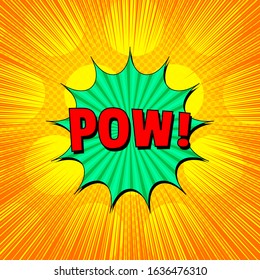 Comic burst light concept with Pow wording and bright speech bubble on yellow background with different humor effects. Vector illustration