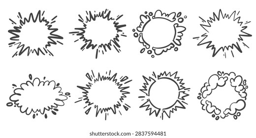 Comic burst and sped lines effect. Hand-drawn vector boom with splashes. Cartoon graphic sparks and smoke. Action circle frames with shine and starburst.