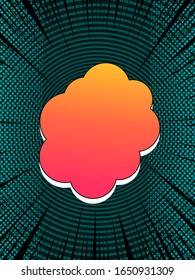 Comic burst template with orange blank cloud on dark green background with circles halftone rays effects. Vector illustration