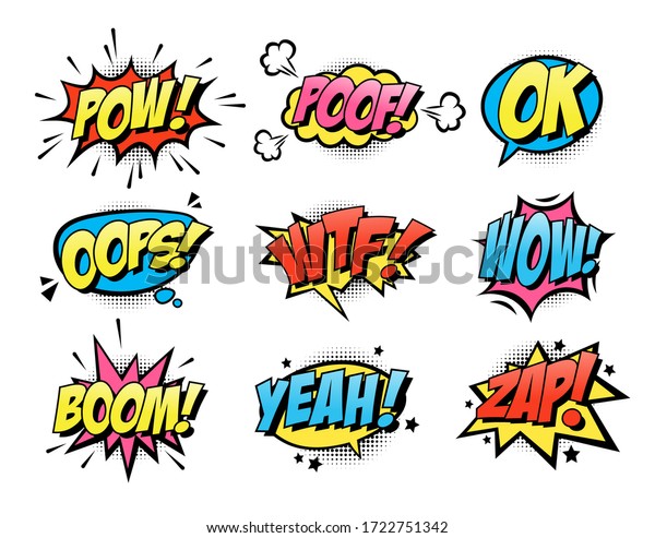 Comic burst text balloons flat
icon collection. Cartoon smash and surprise speech bubbles vector
illustration set. Expression and retro word effect
concept