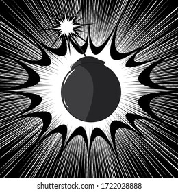 Comic bursting monochrome concept with burning bomb speech bubble rays and halftone effects. Vector illustration