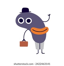 Comic business character. Funny cute fiction office worker, fantasy abstract employee greeting with hi gesture, waving with hand, smiling. Flat graphic vector illustration isolated on white background
