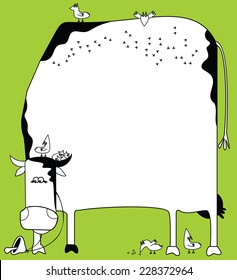 Comic card. Big white Cow with a birds friends on a green background.Print composition, hand drawn style print. Vector illustration.
