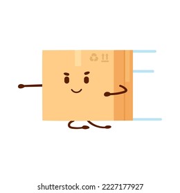 Comic cardboard box running or flying fast vector illustration. Cute closed package character, funny parcel with face isolated on white background. Delivery service, warehouse concept